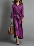 Purple shirt maxi dress with the bow belt tied at the waist