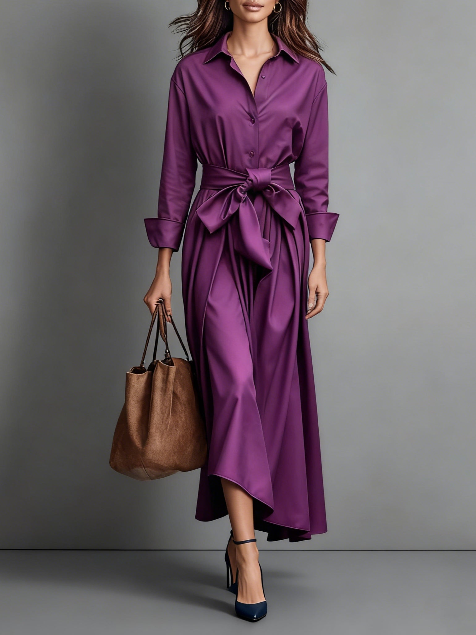 Purple shirt maxi dress with the bow belt tied at the waist