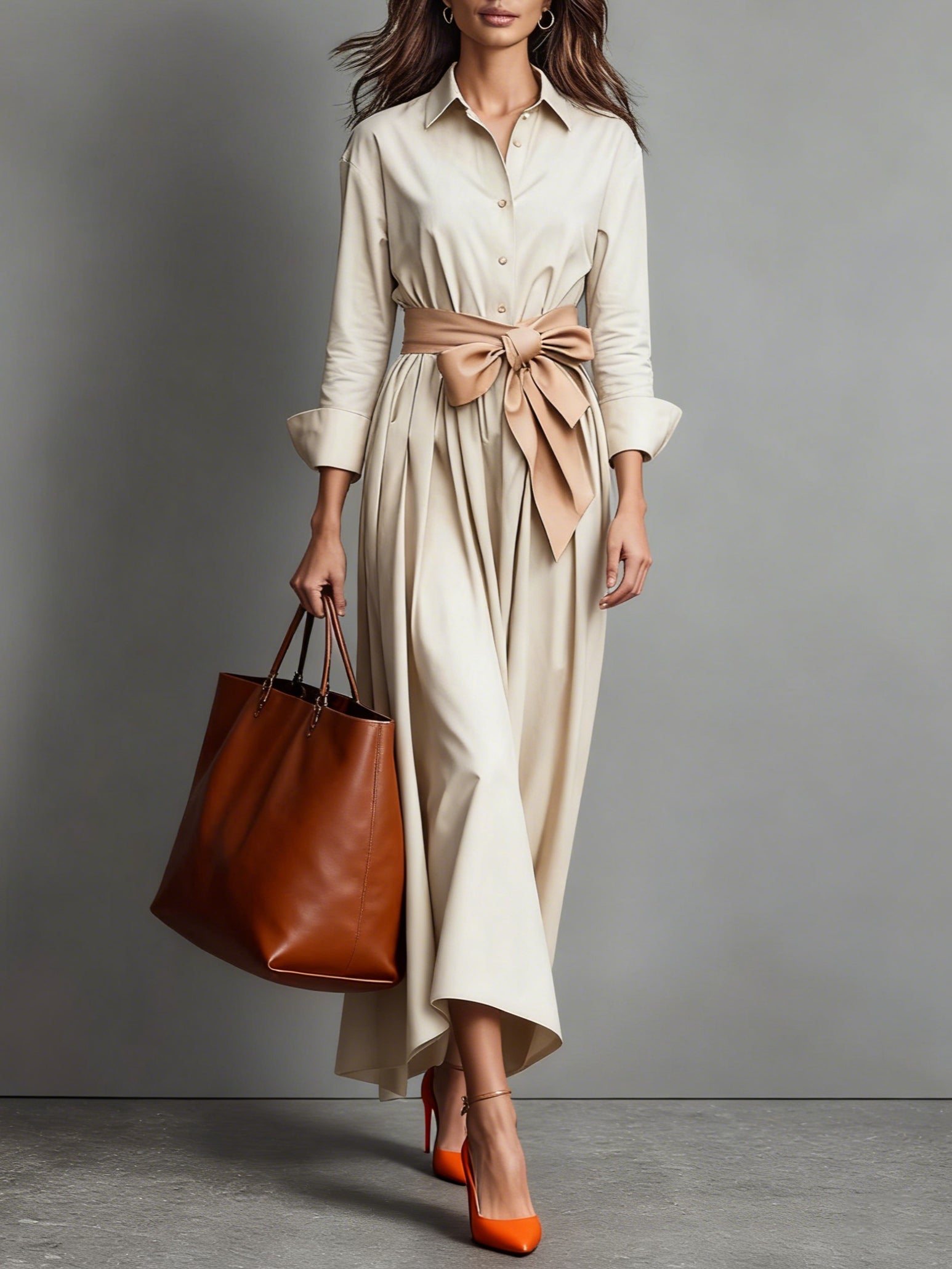 Beige dress seen full length, sleeves reaching the wrist
