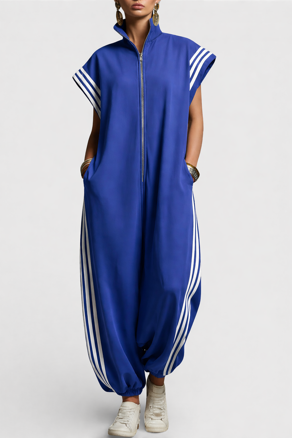 Sleeveless Zip Neck Jumpsuit for Women in Navy Blue