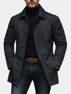 Men's winter coat worn outdoors on a cold day, full-length styling shot