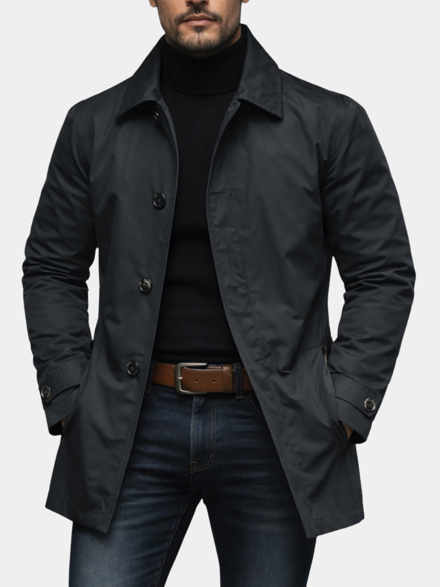 Men's winter coat worn outdoors on a cold day, full-length styling shot