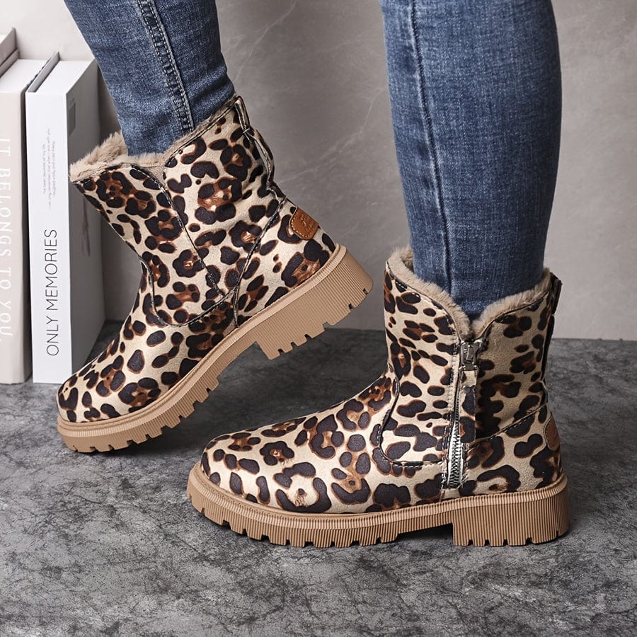 Leopard print lug sole ankle boots for women, side view