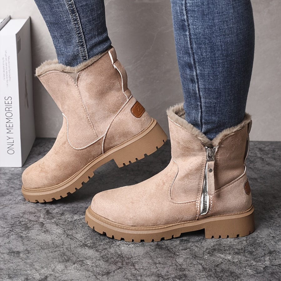 Beige lug sole ankle boots for women, side view
