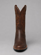 Brown embroidered western boot, close range on the upper and stitching