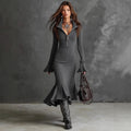 Gray ribbed sweater dress for women, front view with the funnel neck zipped
