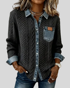 Black cable knit denim shirt for women, front view buttoned