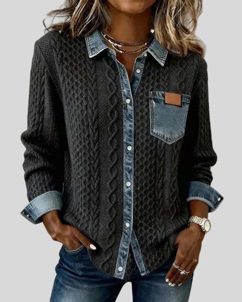 Black cable knit denim shirt for women, front view buttoned