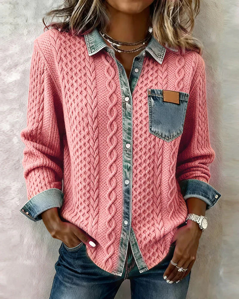 Pink cable knit denim shirt for women, front view