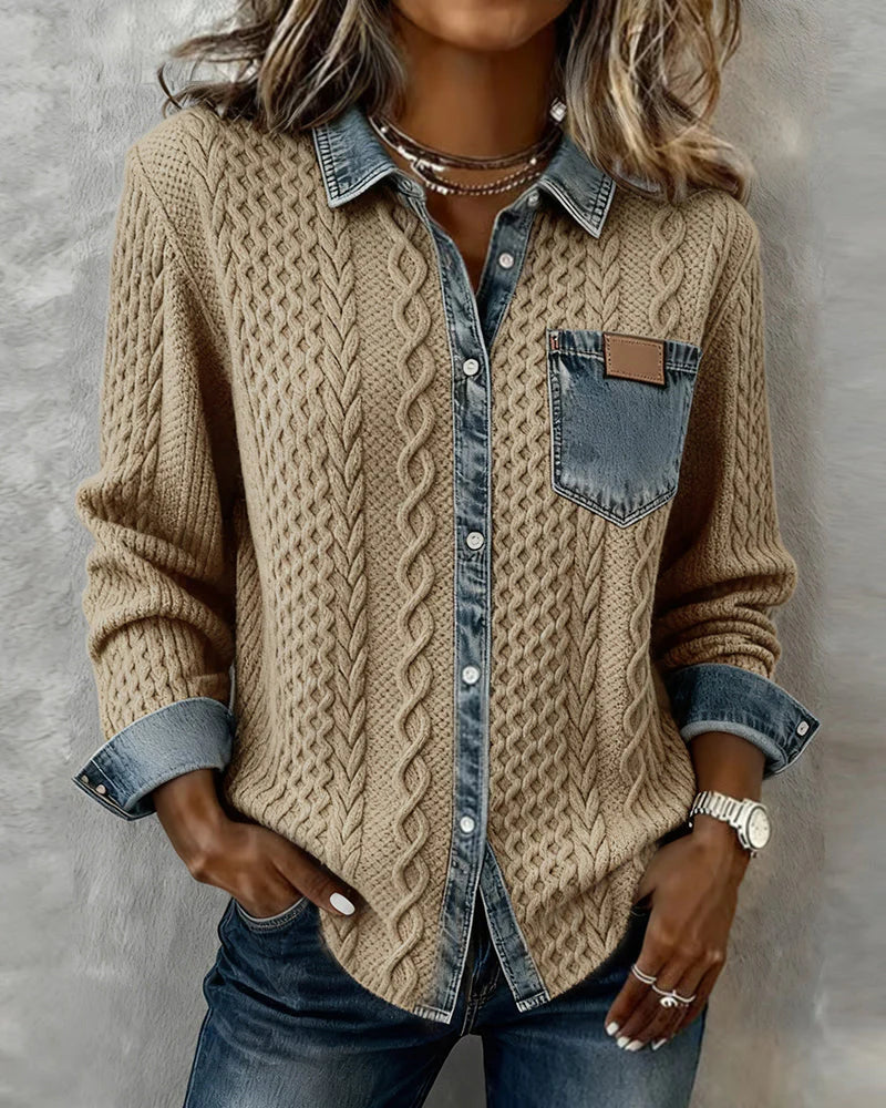 Khaki cable knit denim shirt for women, front view