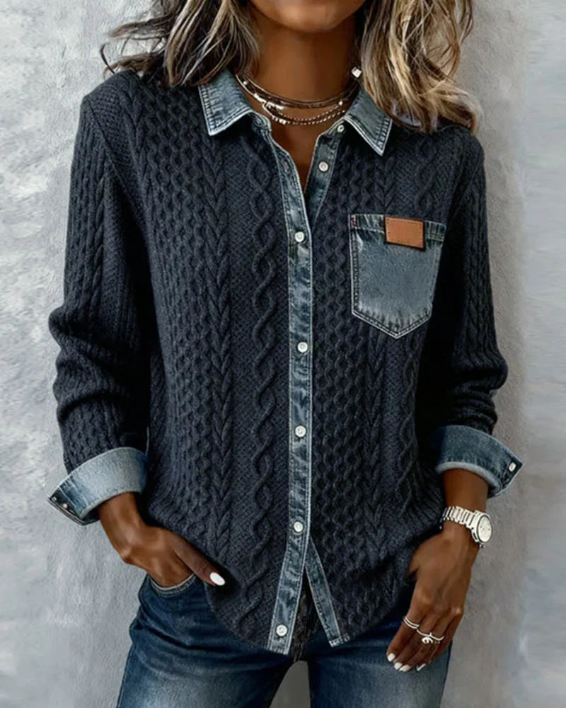 Blue cable knit denim shirt for women, front view