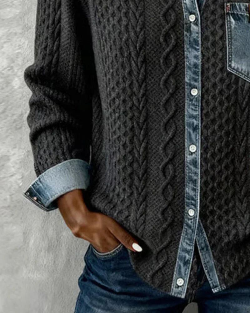 Denim shirt for women, close view of the chest pocket with denim trim and patch detail
