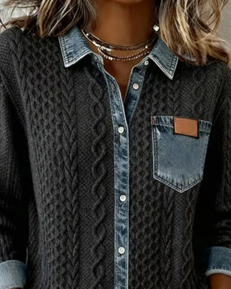 Denim shirt for women, close view of the cable knit body and button placket