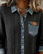 Denim shirt for women, close view of the cable knit body and button placket