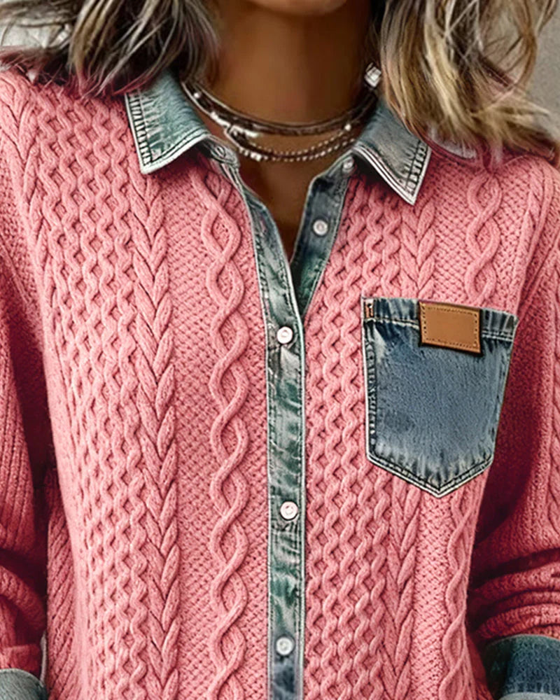 Denim shirt for women, detail of the woven denim collar