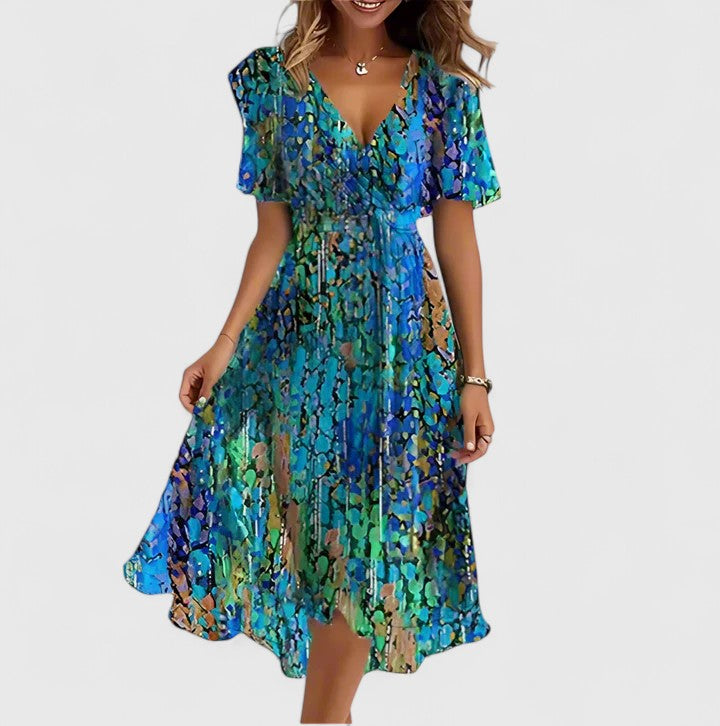 Blue and green floral casual dress for women with flutter sleeves, front view