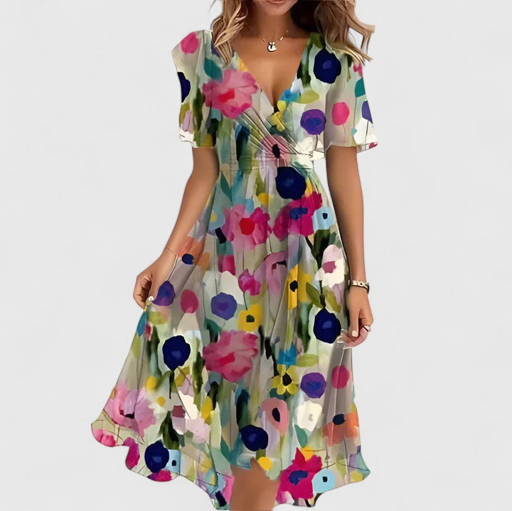 Beige floral casual dress for women, front view showing the high-low hem