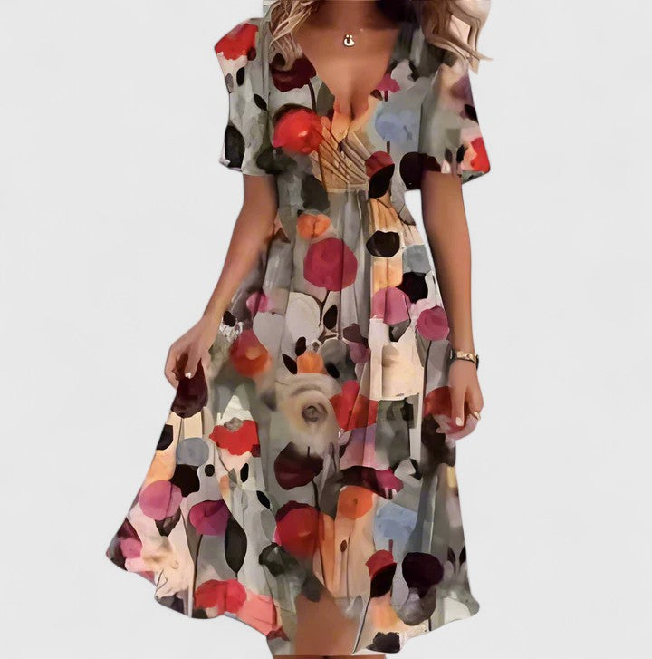 Brown floral casual dress for women, front view