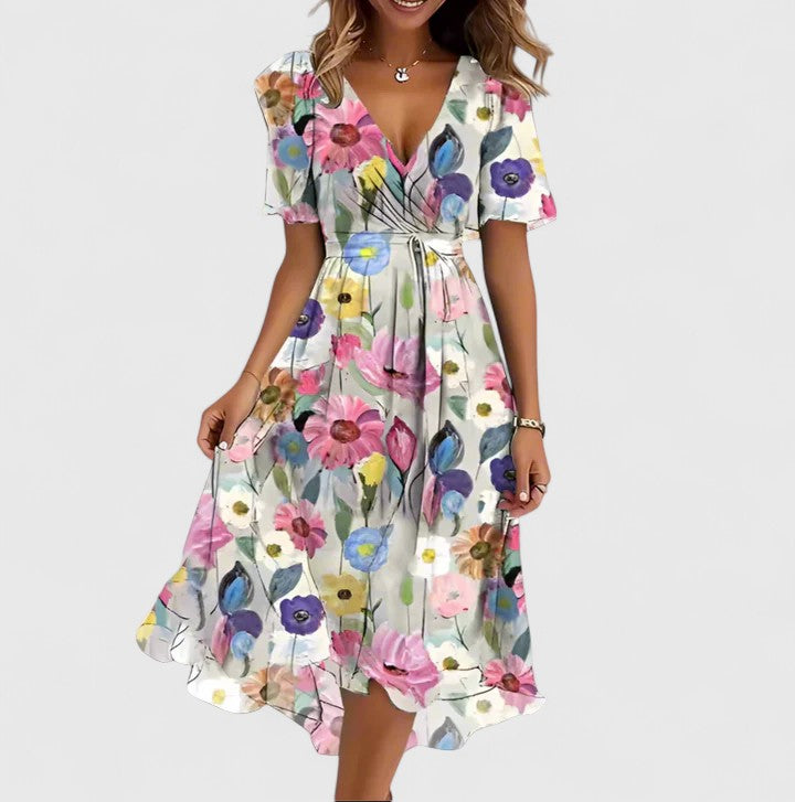 White floral casual dress for women, front view with the V-neckline visible