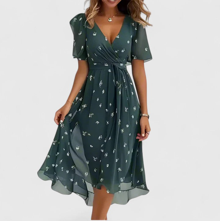 Green floral casual dress for women, front view