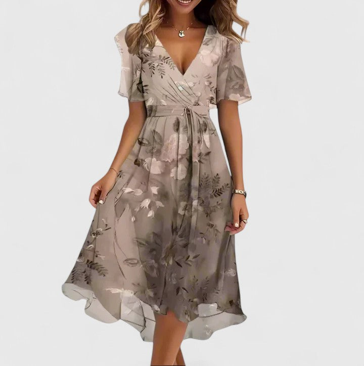 Light brown floral casual dress for women, front view