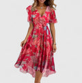 Red floral casual dress for women, front view