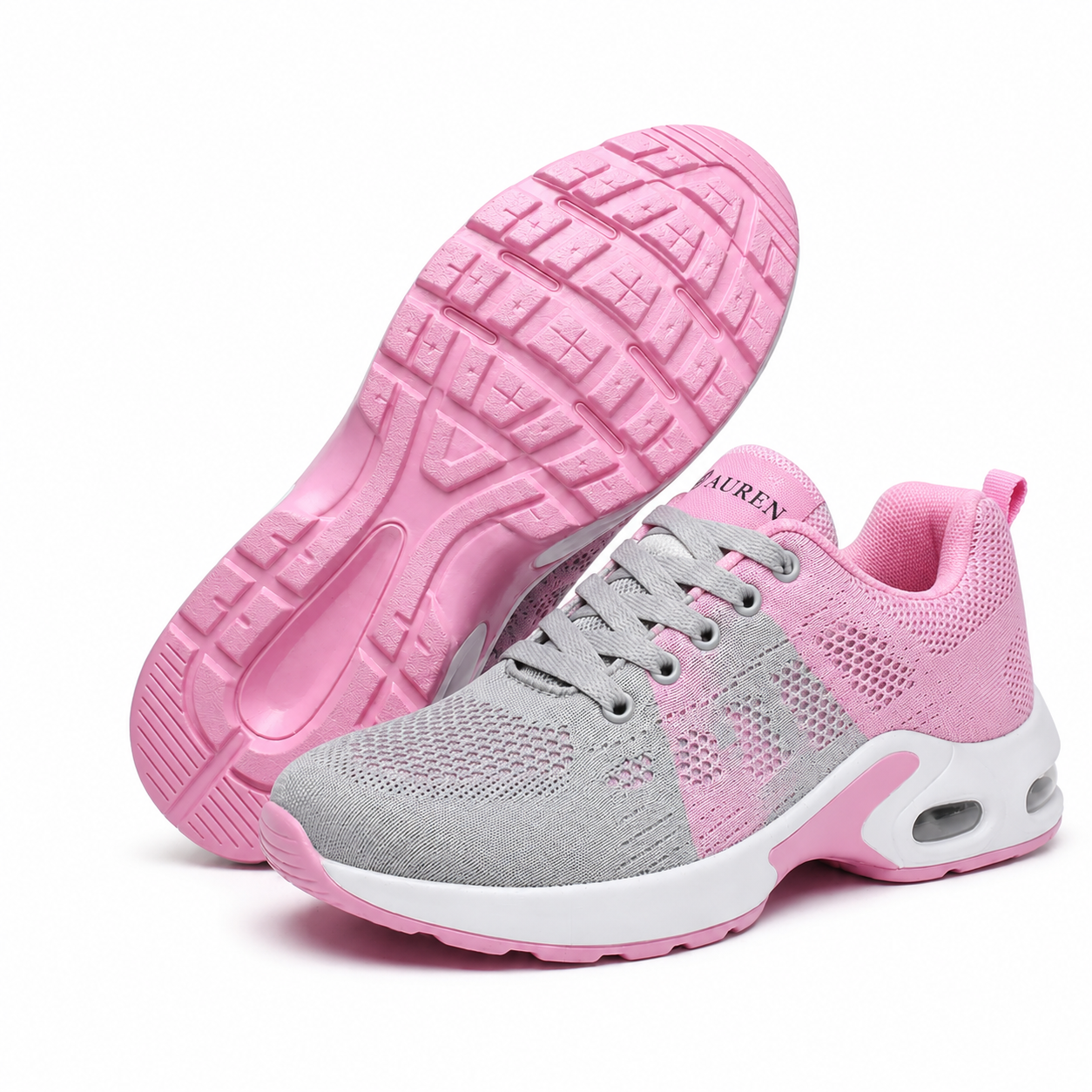 Pink and gray men's slip on walking shoes, side view