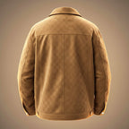 Back view of the men's plaid suede shirt jacket showing the shoulder yoke