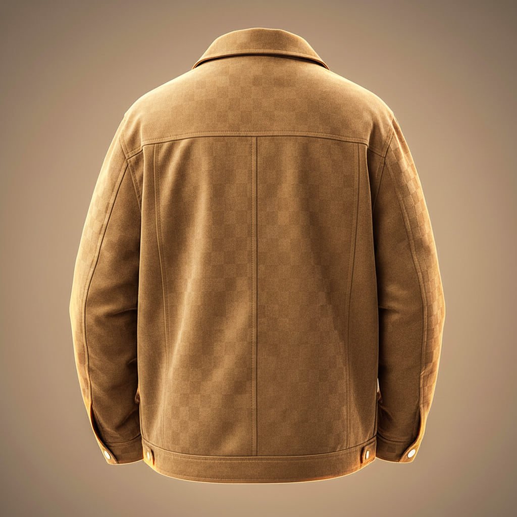 Back view of the men's plaid suede shirt jacket showing the shoulder yoke