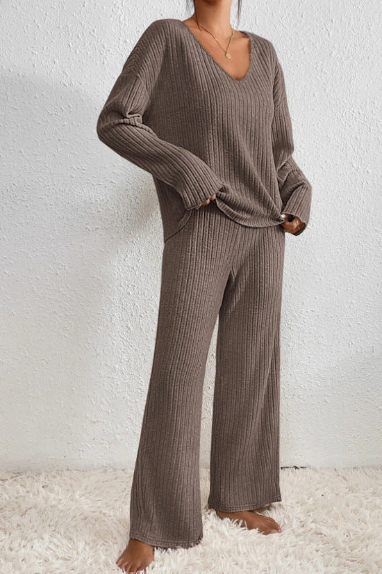 Ribbed Knit Matching Set for Women in Light Brown