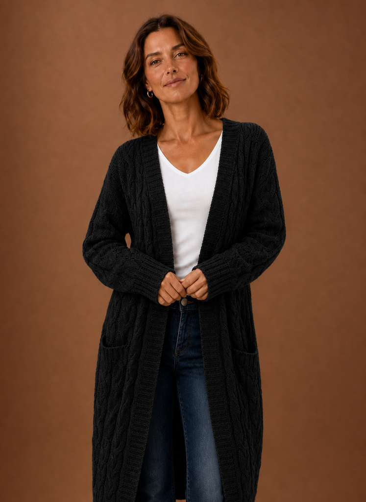 Black colourway shot from the front, low patch pockets visible at the hip