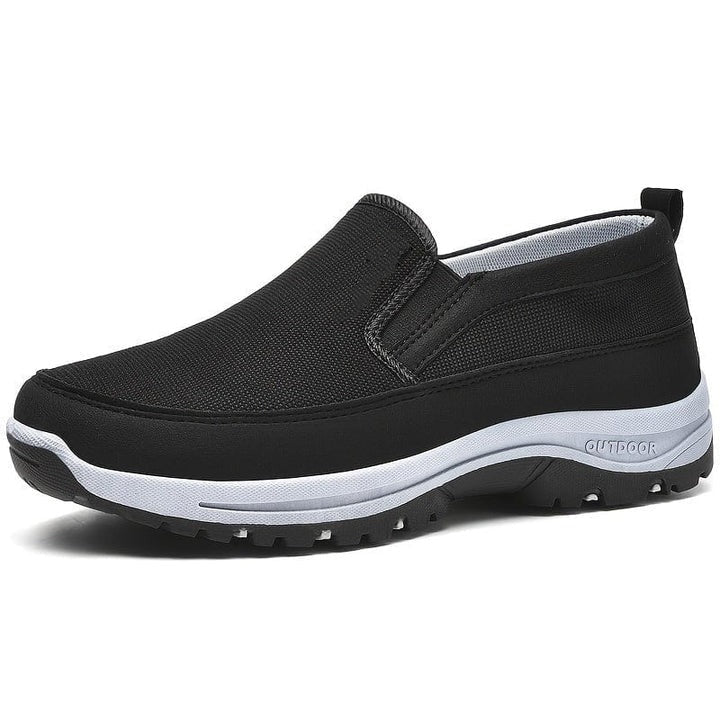 Waterproof shoes for men in black, side profile showing the wide toe box