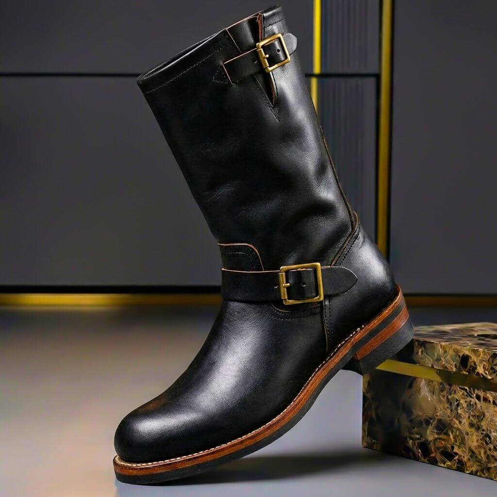 Obsidian black leather boot with side zip closure