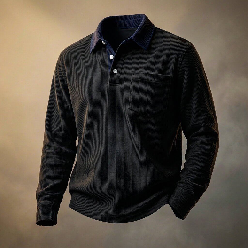 Men's corduroy long sleeve polo shirt in Onyx Black