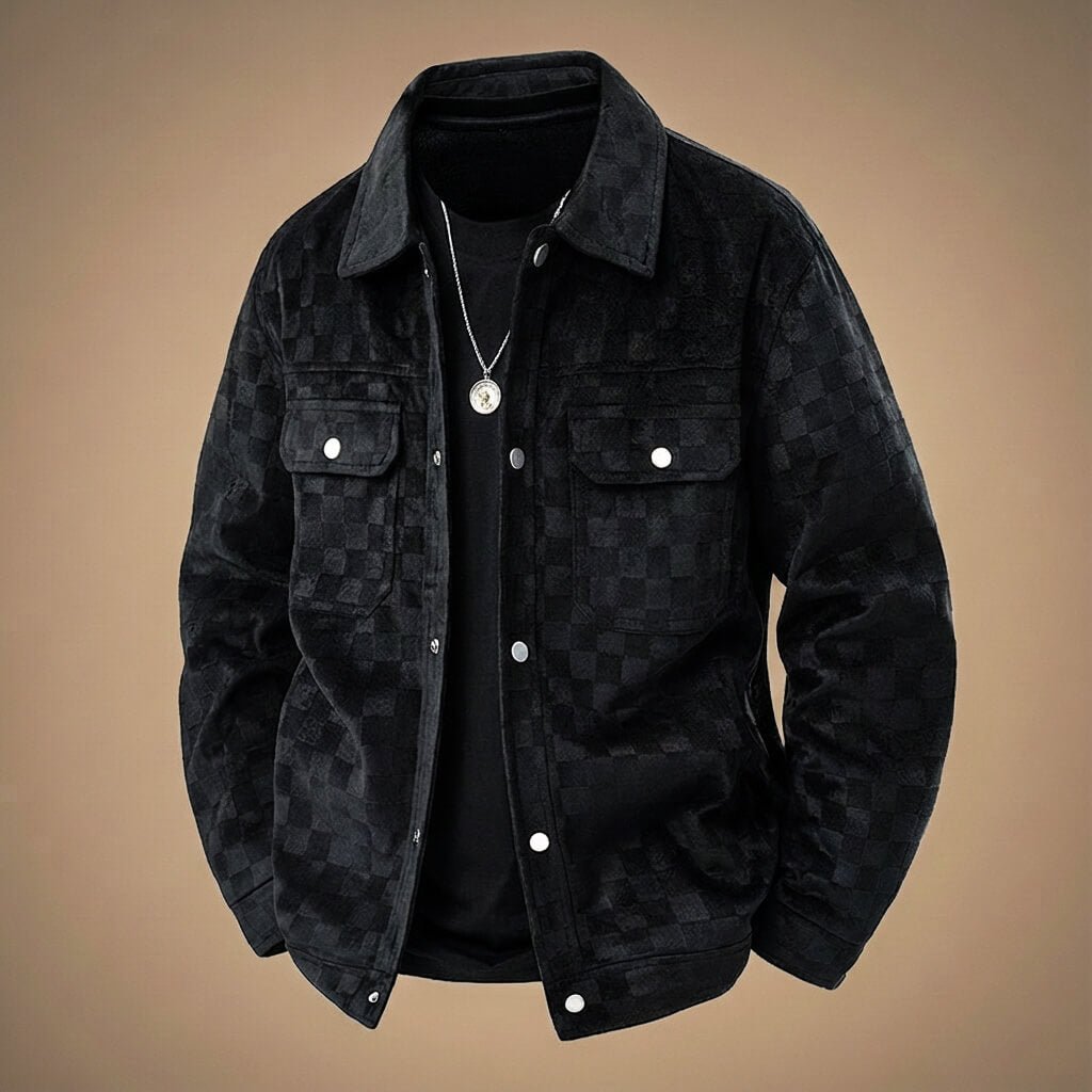 Plaid suede shirt jacket for men in obsidian black, front view