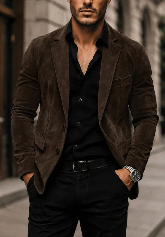 Men's suede blazer in Brown, front view