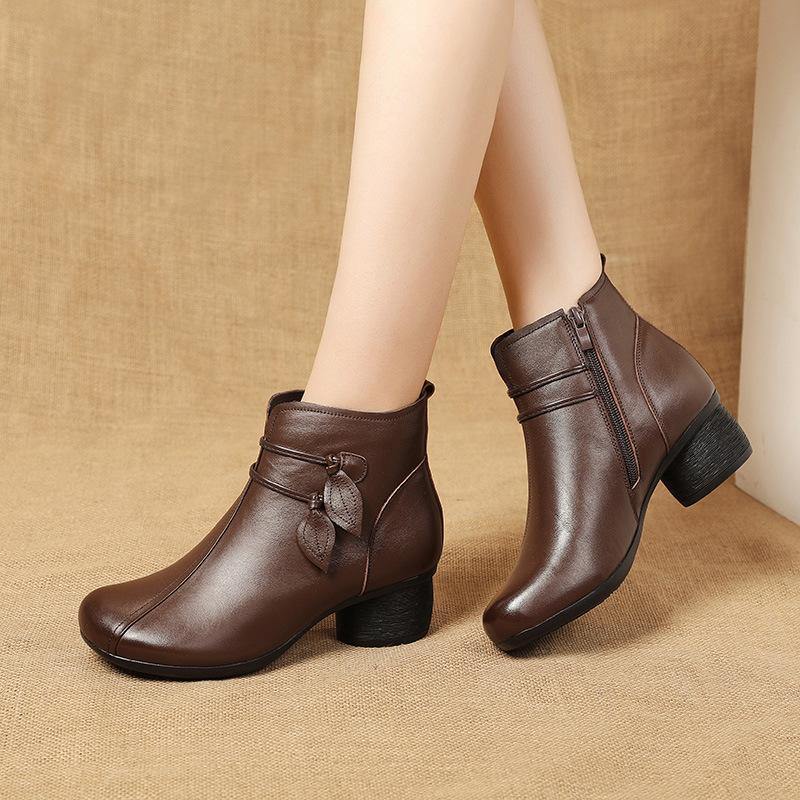 Brown leather chunky heel boots for women with a square toe, side view