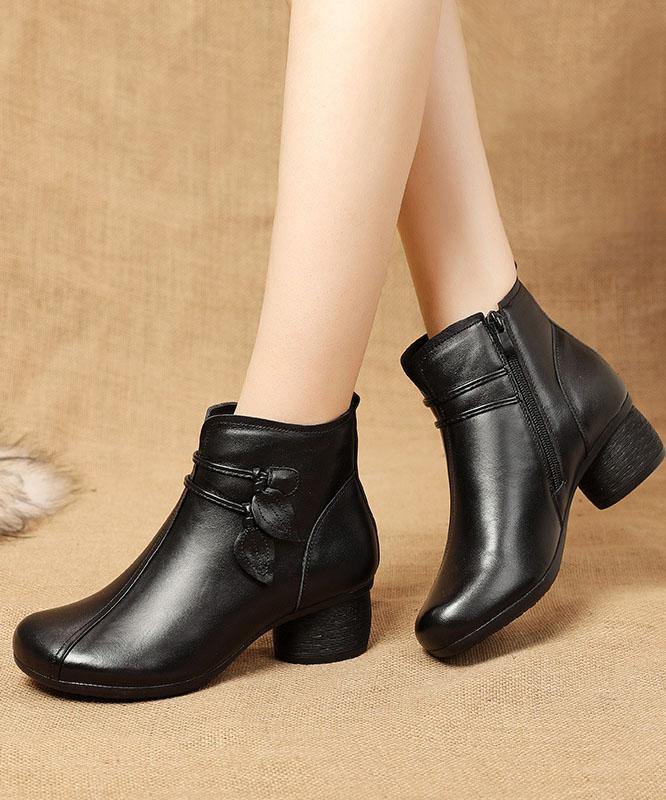 Black leather chunky heel boots for women with a square toe, side view