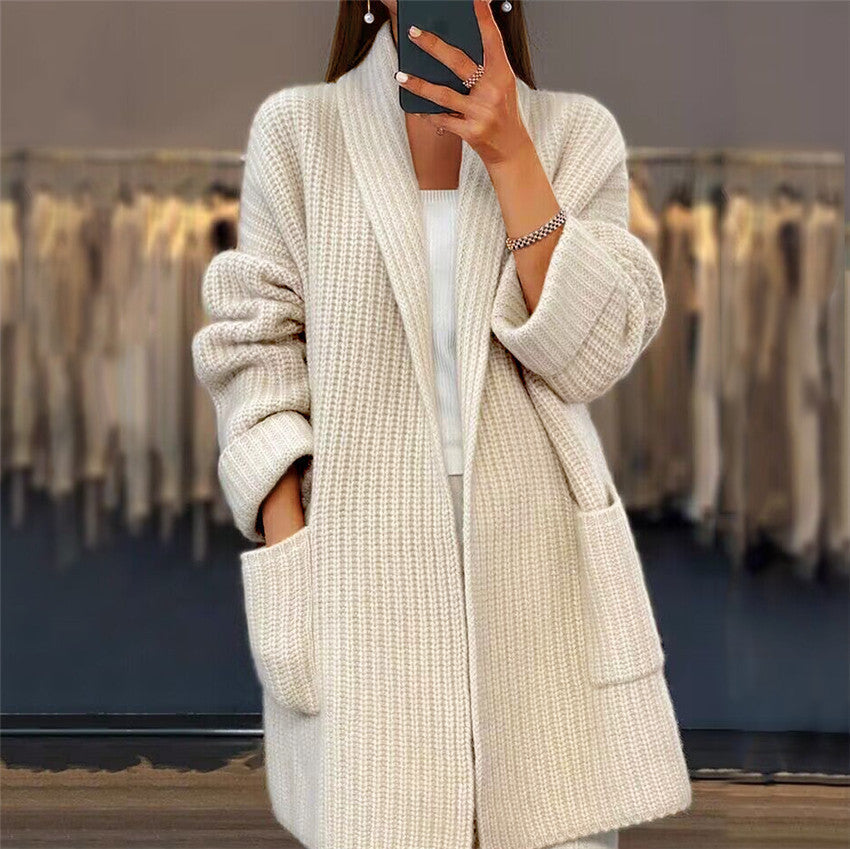Beige open front knit cardigan with collar and pockets