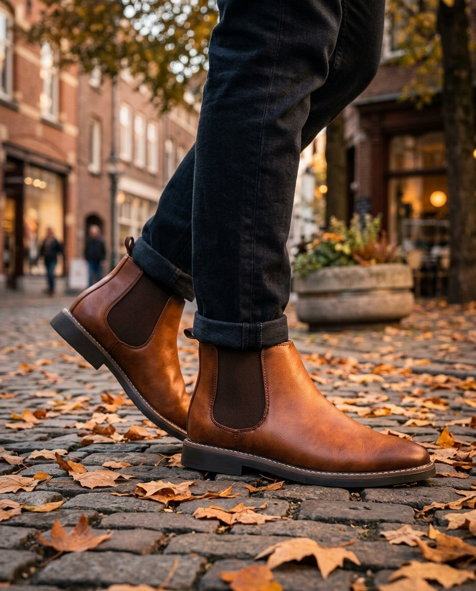Men's faux leather Chelsea boot in Cognac, shown against a plain studio background