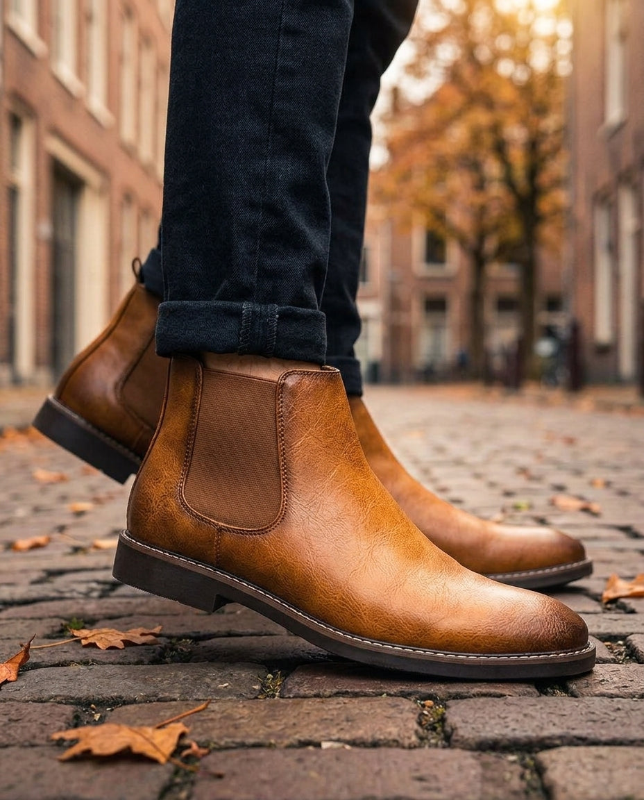 Men's faux leather Chelsea boot in Brown, shown against a plain studio background