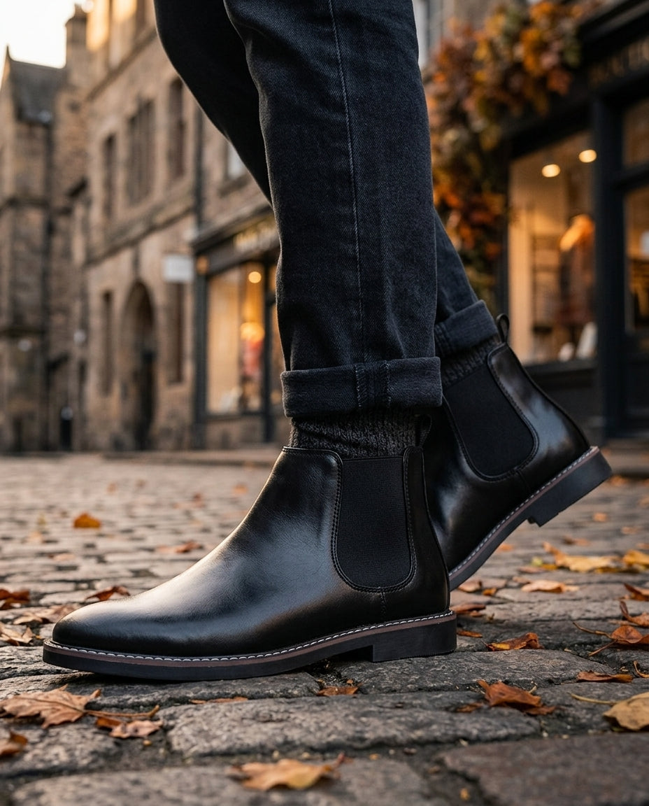 Men's faux leather Chelsea boot in Black, shown against a plain studio background