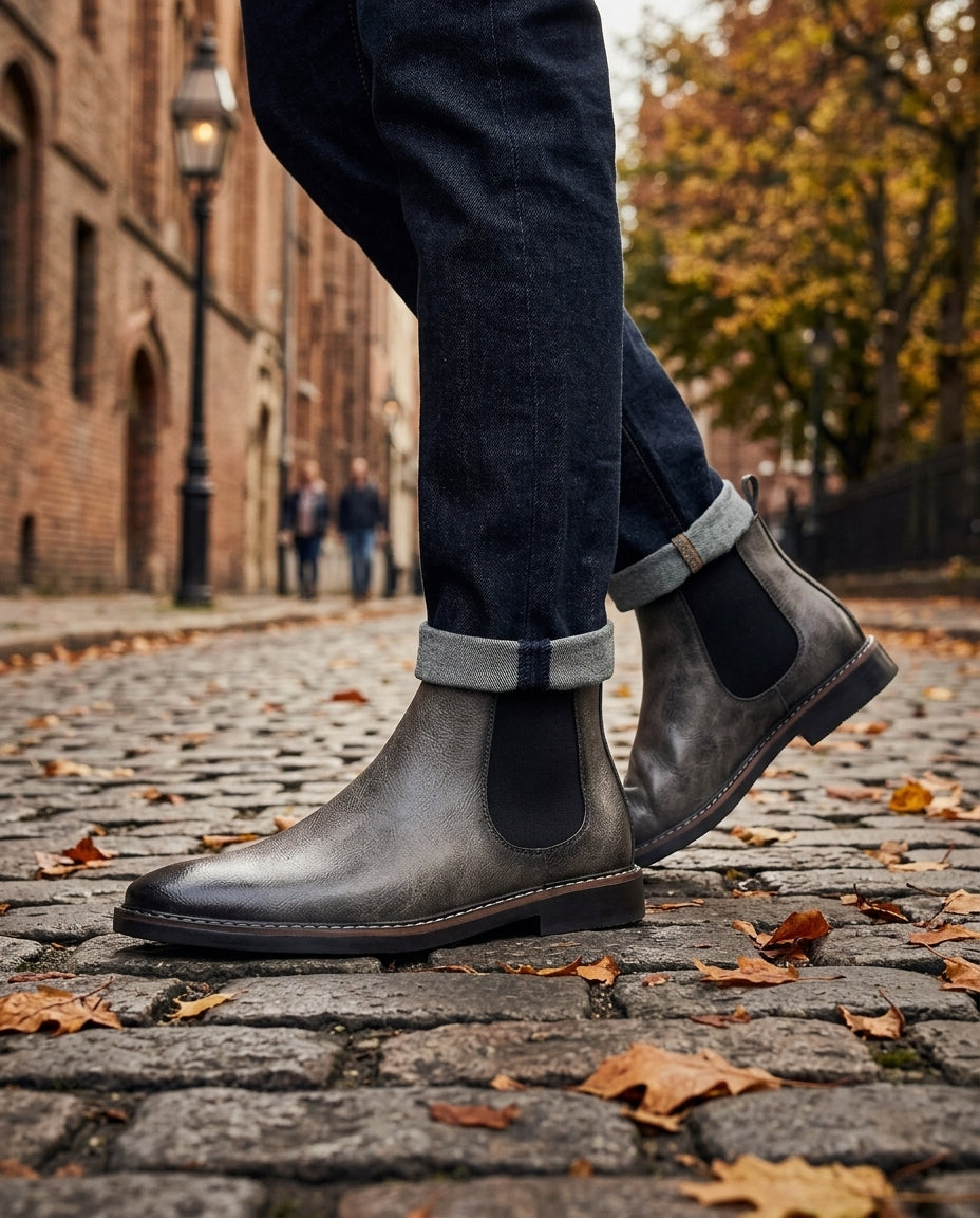 Men's faux leather Chelsea boot in Gray, shown against a plain studio background