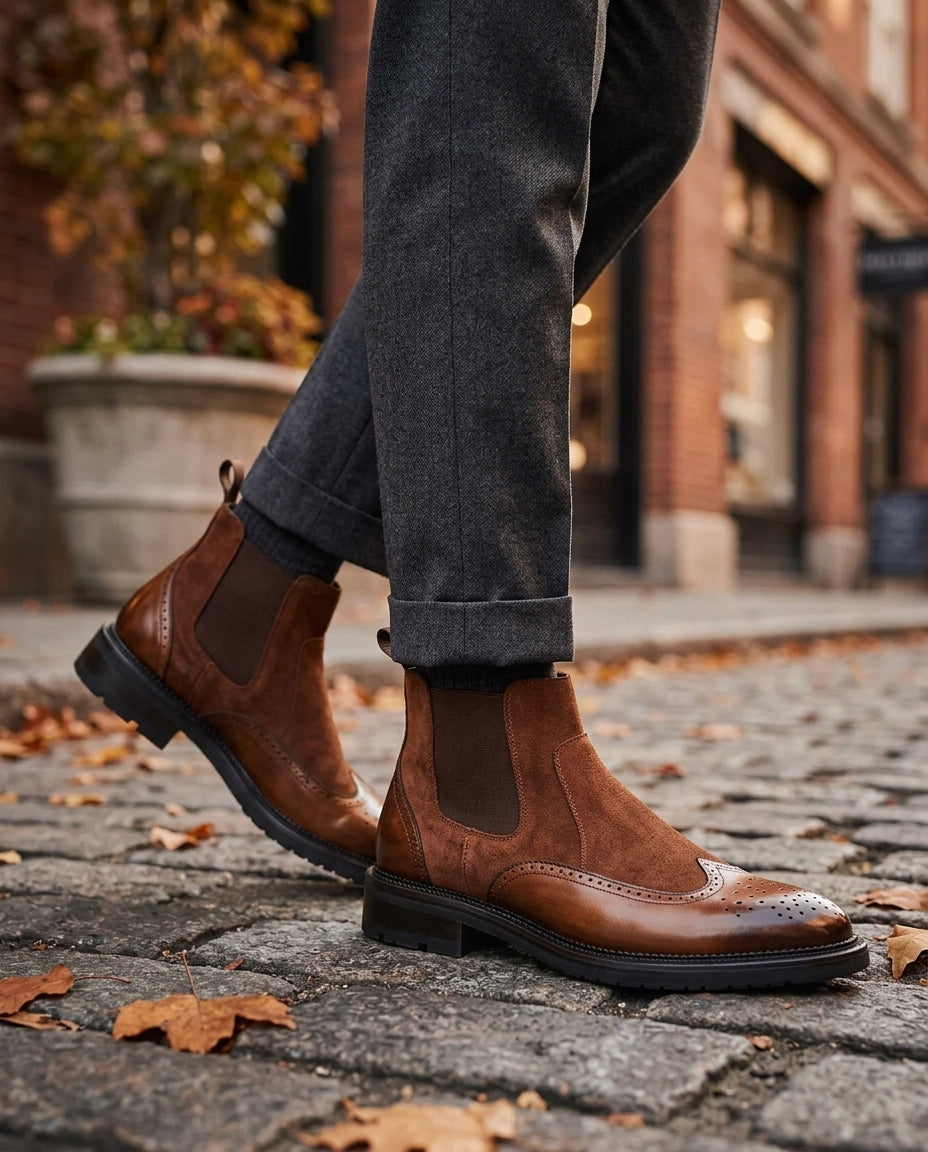Men's suede brogue Chelsea boot in Brown, shown against a plain studio background