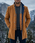 Men's tailored wool coat in Tan, shown against a plain studio background
