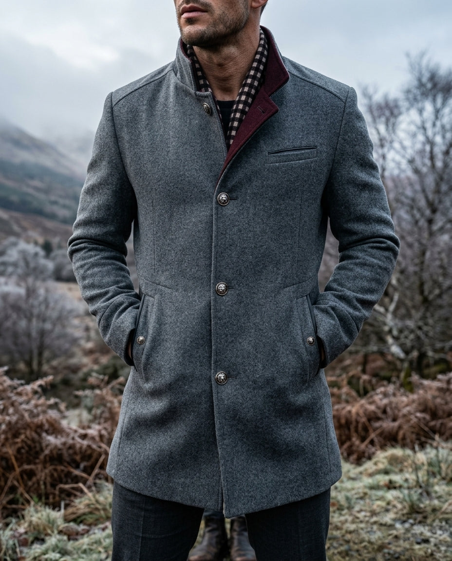 Men's tailored wool coat in Gray, shown against a plain studio background