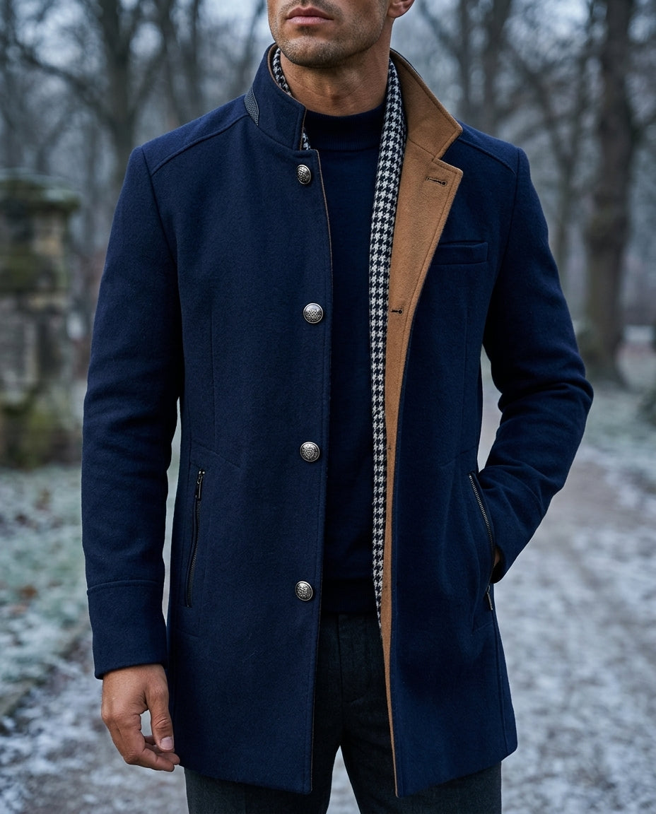 Men's tailored wool coat in Navy, shown against a plain studio background
