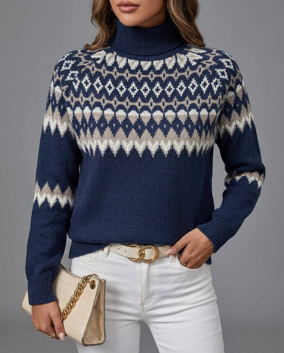 Fair Isle turtleneck sweater in Navy Blue, shown against a plain studio background