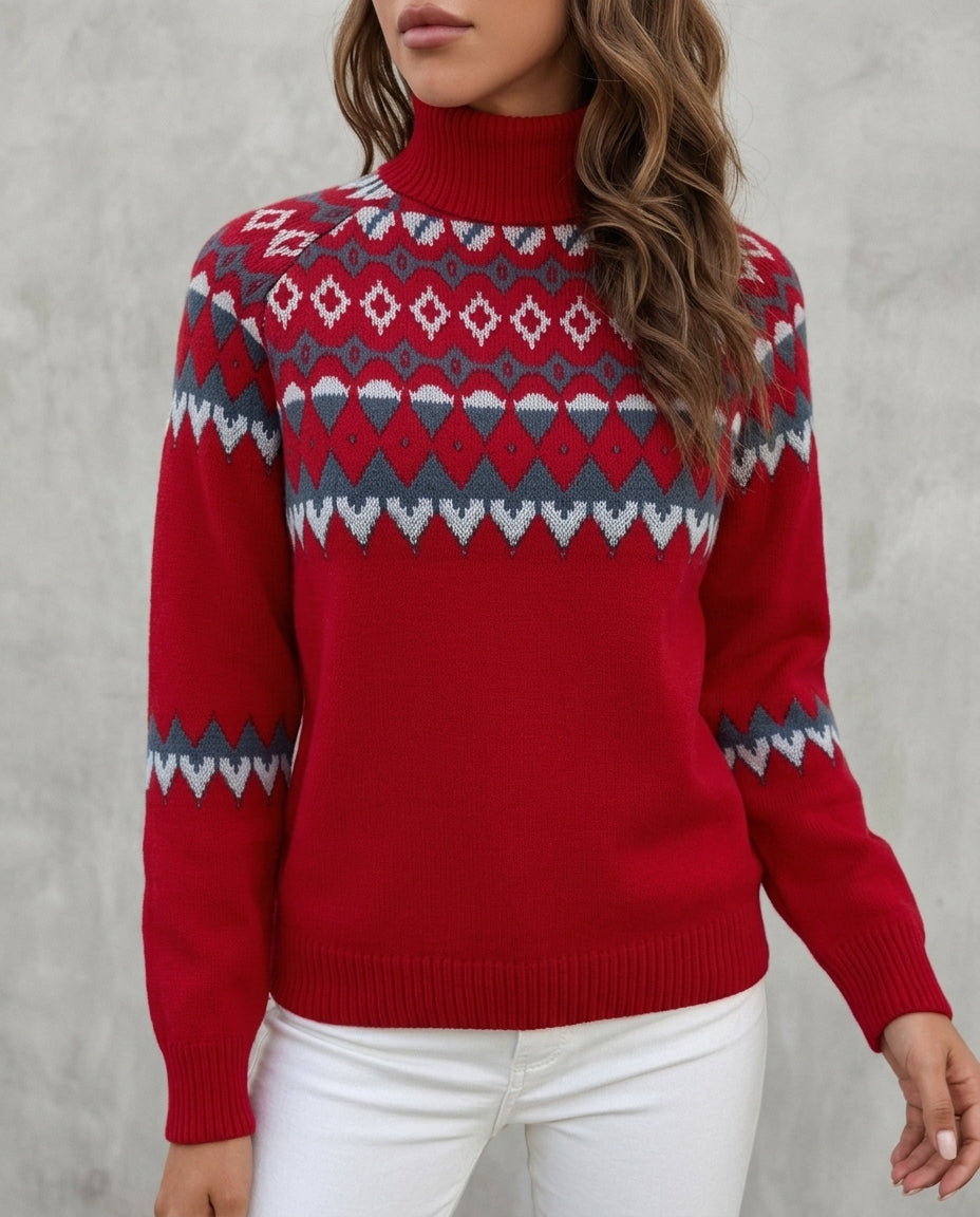 Fair Isle turtleneck sweater in Red, shown against a plain studio background