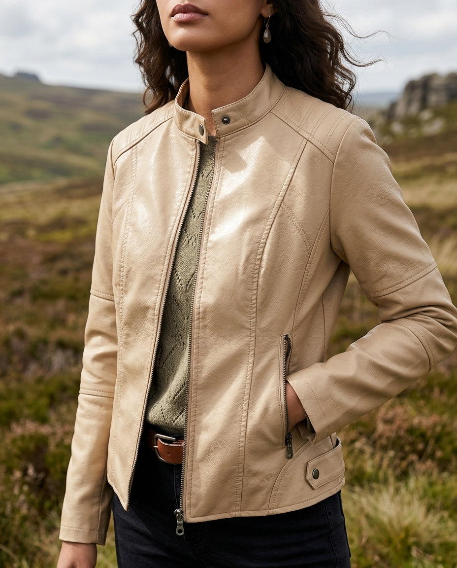Cropped faux leather moto jacket in Beige, shown against a plain studio background